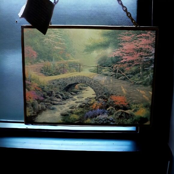 Thomas Kinkade Stained Glass Suncatcher Window Art Decor Bridge Of Faith Vintage - Picture 12 of 13